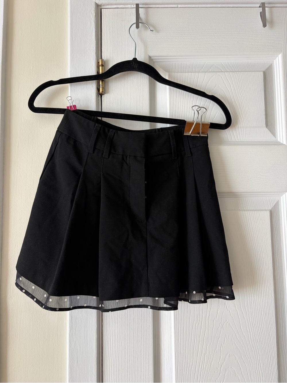 H&M Black Pleated Skater Mini Skirt with Sheer Polka Dot Trim